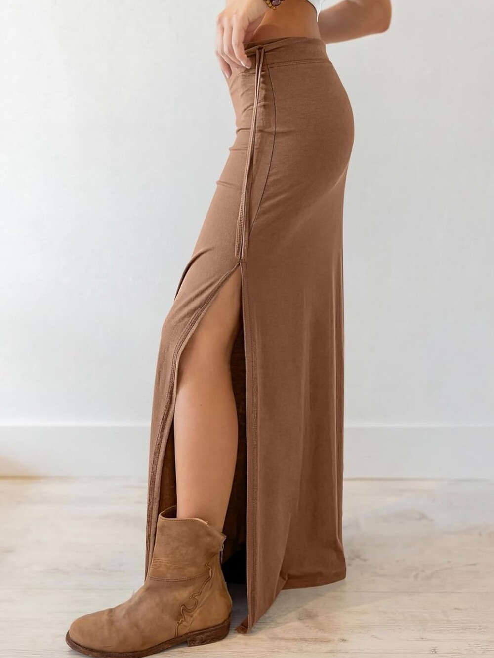 Brown Side High-Slit Maxi Skirt Whimsigoth Boho Western Fall Hippie Large